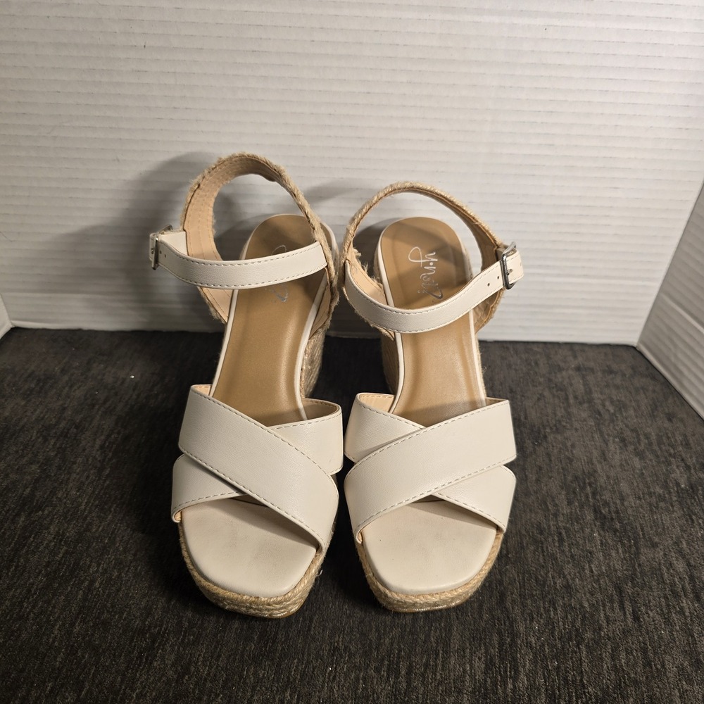 Y-Not Ryleigh Cream Faux Leather Espadrille Wedge Sandals Womens 6M Off White